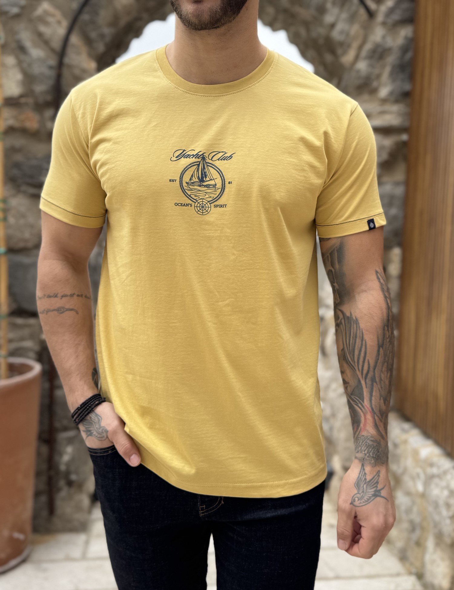 Everbest ανδρική ώχρα κοντομάνικη μπλούζα με τύπωμα Plus Size 262803